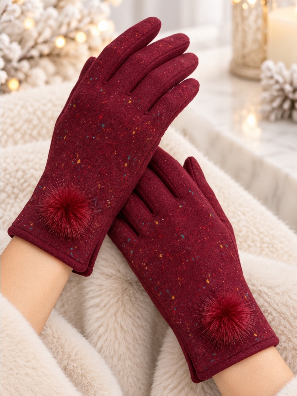 Beautiful Women’s Burgundy fur Pom-Pom Speckled Winter Gloves❤️0/S.
